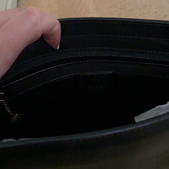 Vintage NEW GUCCI sleek black leather shoulder bag crossbody handbag w/wood RARE - Picture 11 of 13